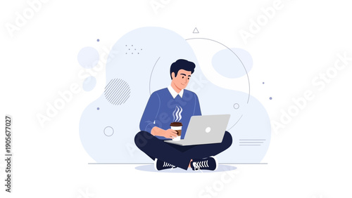 Man working on laptop with coffee, creative modern flat illustration
