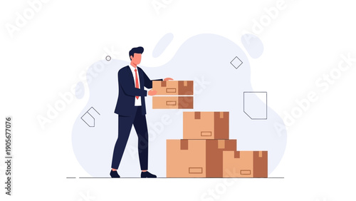 Businessman stacking cardboard boxes, logistics and delivery concept illustration.