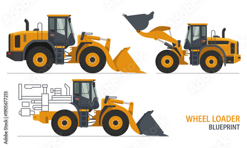 wheel loader machine in different positions with blueprint  heavy equipment for construction and earthmoving