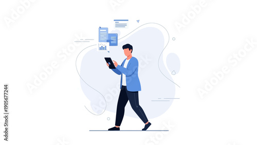 Man with tablet analyzing data, business concept illustration