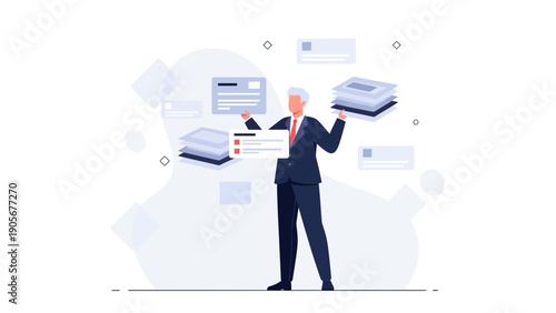 Businessman juggling tasks and documents, project management concept vector illustration