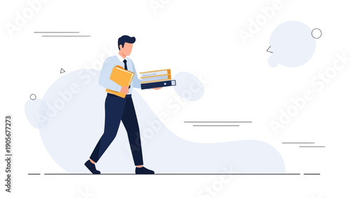 Businessman carrying binders, walking, office work illustration, concept of paperwork