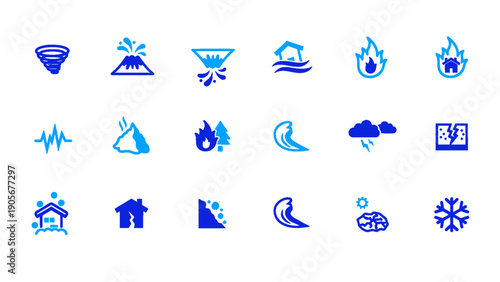 An icon set representing weather conditions and natural disaster symbols.