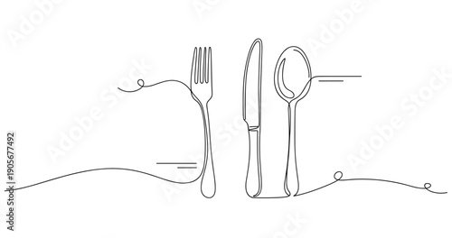 Minimalist line art of fork, knife, and spoon on white background. None editable stroke
