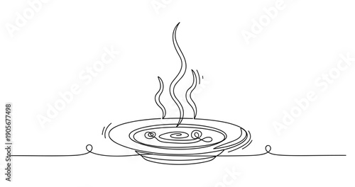 Continuous line art of a steaming hot soup bowl. None editable stroke