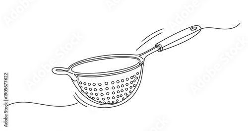 Hand-drawn kitchen strainer with handle – simple line art illustration. None editable stroke