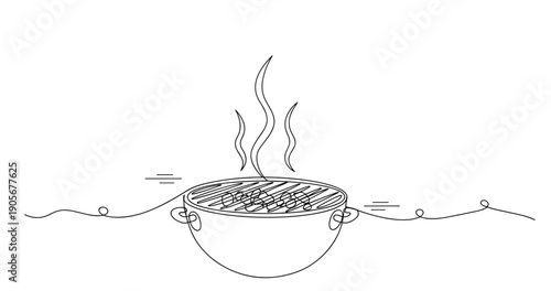 Minimalist line art bbq grill with smoke. None editable stroke