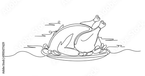 Minimalist one-line drawing of roast chicken on a platter with vegetables. None editable stroke