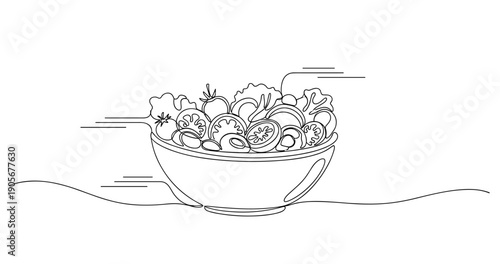 Line art of fresh vegetable salad bowl with lettuce, tomatoes, and olives. None editable stroke