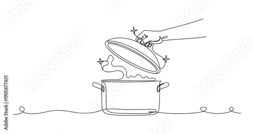 Minimalist line art: hand lifting pot lid with steam. None editable stroke