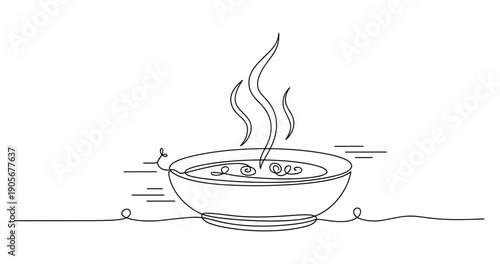 Minimalist line art of a steaming bowl of noodles with a snail. None editable stroke