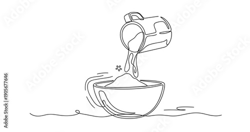 Minimalist line art of cup pouring milk into bowl. None editable stroke