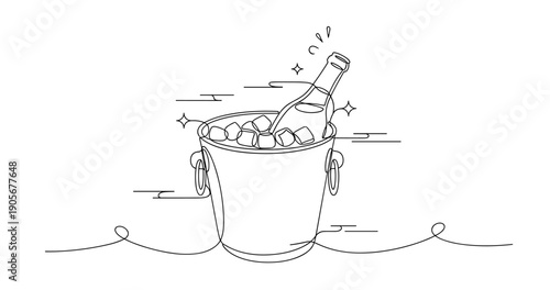 Minimalist line drawing of wine bottle in ice bucket with sparkles. None editable stroke