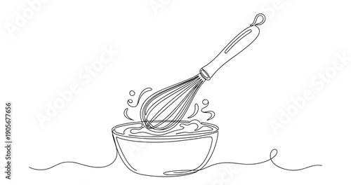 Continuous line drawing of whisk mixing dough in bowl. None editable stroke