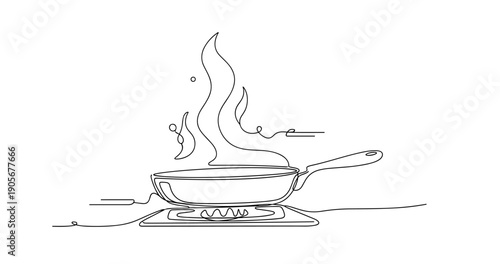 Continuous line drawing of frying pan on stove with rising steam. None editable stroke