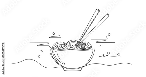 Line art of bowl with noodles and chopsticks. None editable stroke