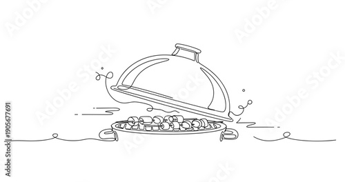 Line art illustration of cloche unveiling a dish of delicious snacks. None editable stroke