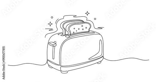 Outline drawing of a toaster with toast and stars in minimalist style. None editable stroke