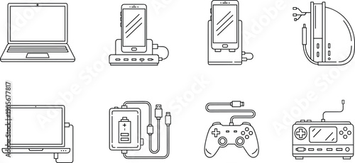 Electronic devices CAD drawing flat vector illustration, black and white outline gadgets set, minimal line art technology icons collection isolated