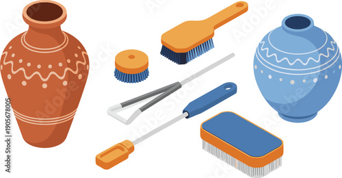 Isometric pottery making tools and ceramic vases set, clay sculpting, cleaning brushes and modeling equipment illustration isolated on white