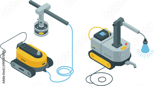 Isometric robotic cleaning machines with smart automation systems, industrial service robots, modern technology equipment illustration isolated on white background