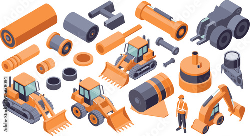 isometric, construction, machinery, equipment, bulldozer, excavator, loader, vector, illustration, industrial, engineering, heavy.