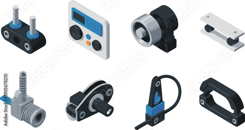 isometric, mechanical, components, industrial, parts, engineering, hardware, machinery, equipment, technology, device, metal, tools, 3d, vector, collection, isolated, blue, black, set