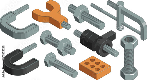 isometric, mechanical, fasteners, tools, industrial, hardware, bolts, nuts, clamps, engineering, machinery, metal, equipment, repair, construction, vector, illustration, set, isolated, collection