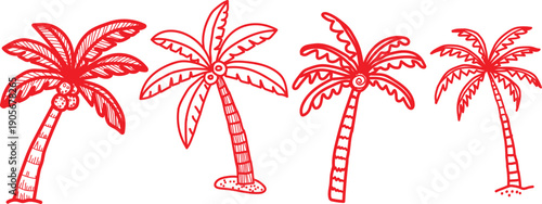 Collection of four stylized red outline drawings depicting various tropical palm trees showcasing different trunk curves and frond shapes ideal for summer vacation themed designs or beach related grip
