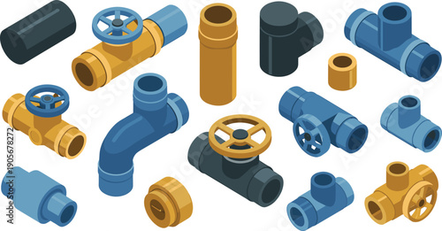 isometric, plumbing, pipe, fittings, valves, connectors, industrial, vector, illustration, water, pipeline, construction, equipment, 