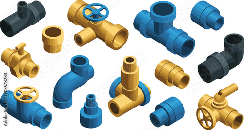 isometric, plumbing, pipes, valves, fittings, connectors, industrial, engineering, hardware, water, supply, vector, illustration, toolkit, collection, isolated, white, background, repair, set