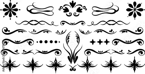 A collection of stylized, black ink design elements arranged in rows and columns against a transparent background. The elements vary in shape and size, resembling decorative flourishes, water splashes