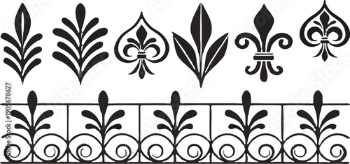 A collection of stylized, black ink design elements arranged in rows and columns against a transparent background. The elements vary in shape and size, resembling decorative flourishes, water splashes