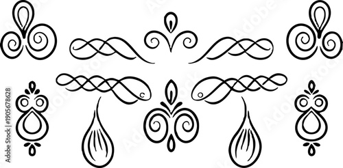 A collection of stylized, black ink design elements arranged in rows and columns against a transparent background. The elements vary in shape and size, resembling decorative flourishes, water splashes