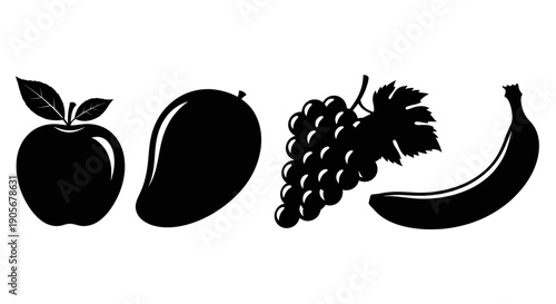 Black silhouette of apple, mango, grapes, and banana on white background