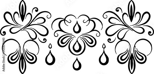 A collection of stylized, black ink design elements arranged in rows and columns against a transparent background. The elements vary in shape and size, resembling decorative flourishes, water splashes