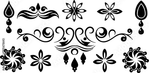 A collection of stylized, black ink design elements arranged in rows and columns against a transparent background. The elements vary in shape and size, resembling decorative flourishes, water splashes
