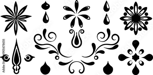 A collection of stylized, black ink design elements arranged in rows and columns against a transparent background. The elements vary in shape and size, resembling decorative flourishes, water splashes