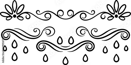 A collection of stylized, black ink design elements arranged in rows and columns against a transparent background. The elements vary in shape and size, resembling decorative flourishes, water splashes