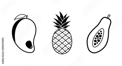Tropical Fruit Icons: Mango, Pineapple, Papaya - Black and White Line Art