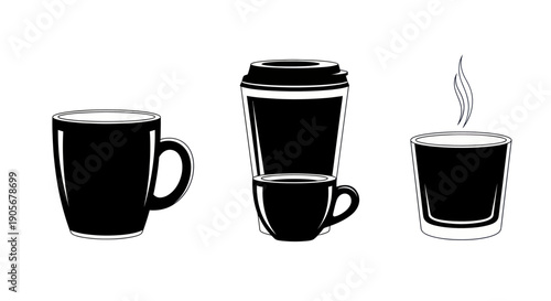 Three black coffee cups and mugs, isolated on white background, illustration