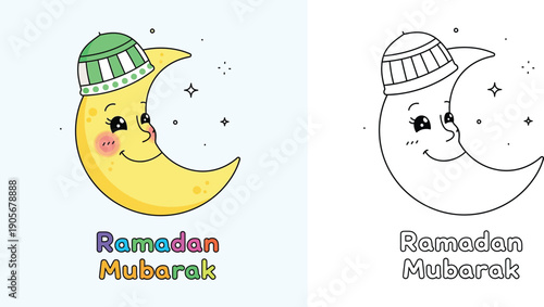 Cute Crescent Moon Character wearing Kufi with Ramadan Mubarak Greeting, Cartoon Moon Illustration and Line Art Coloring Page for Kids, Islamic Religious Holiday Celebration Vector
