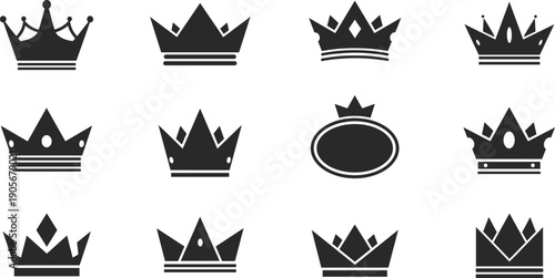 Royal Crown Icon Vector Set with Minimal Flat Silhouette Designs for Luxury Branding, Logo Creation, Heraldry Symbols, and Monarchy Graphics
