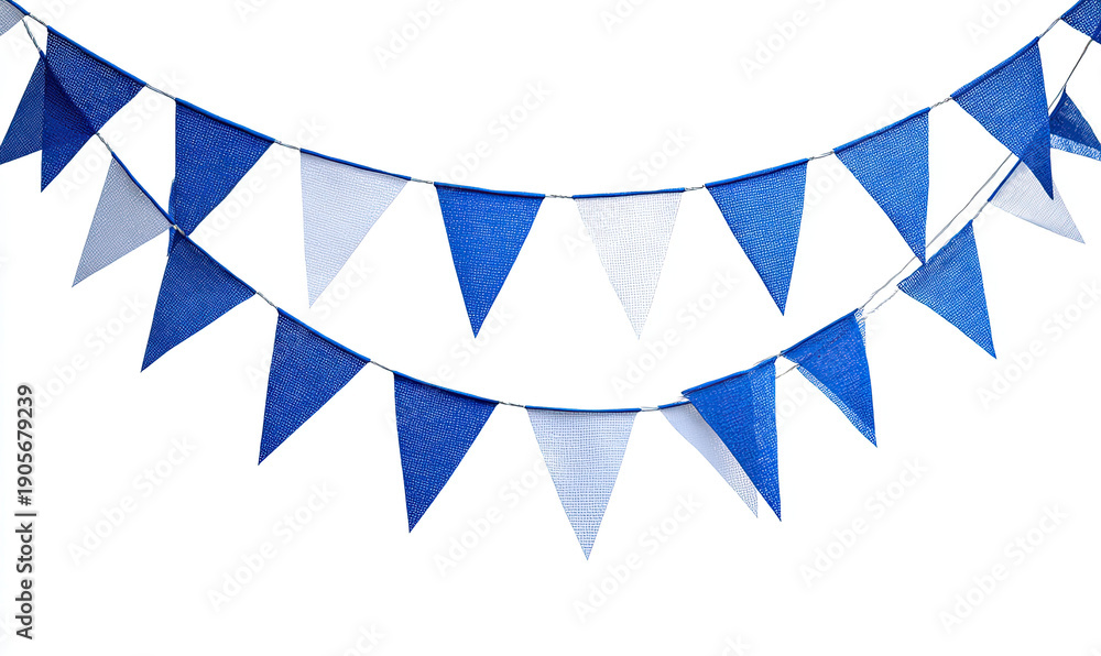 Fototapeta premium Blue White Triangular Bunting Pennant Flag – Decorative for Party, Festival, Celebration (Isolated White)