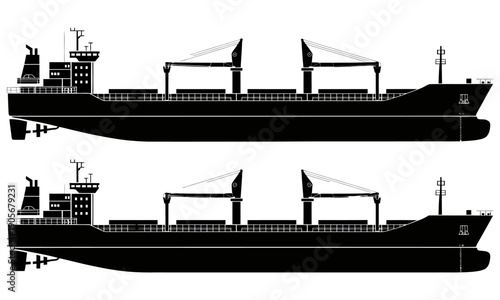 cargo ships with cranes on deck side view  large freight vessels  industrial transportation