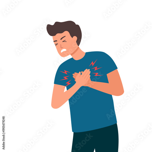 Man feel chest pain. Heart attack or symptoms of heart disease. Idea of health danger and sickness. Flat vector illustration isolated on white background