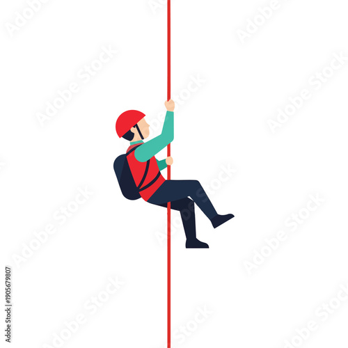 A person in a red helmet and vest rappelling down a red rope, engaged in an outdoor adventure sport.