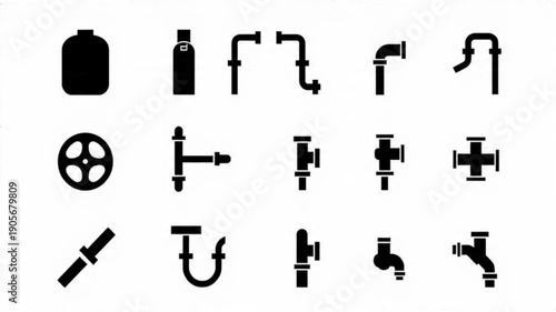Titles: Pipe and Plumbing Fittings Icons Set, Industrial Connectors Vector Collection, Minimalist Water Gas Pipe Graphics, Black Outline Engineering Elements

