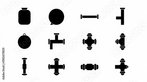 Titles: Pipe and Connector Icons Set, Industrial Plumbing Fittings Vector, Minimalist Water Gas System Graphics, Black Outline Engineering Components

