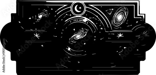 A minimalist vector graphic illustration of a camera with a galaxy and stars design